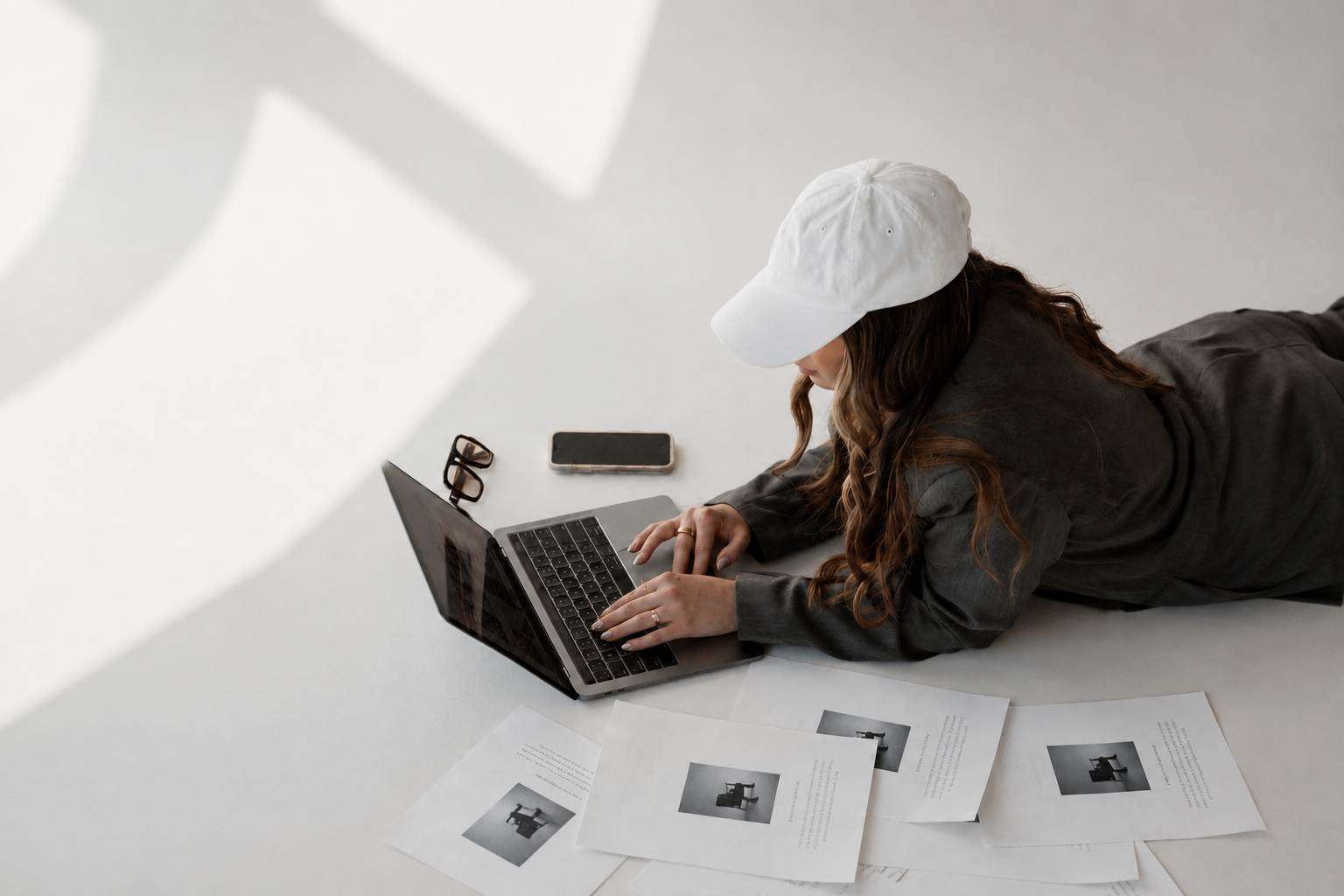 A marketer working on a laptop surrounded by printed campaign layouts